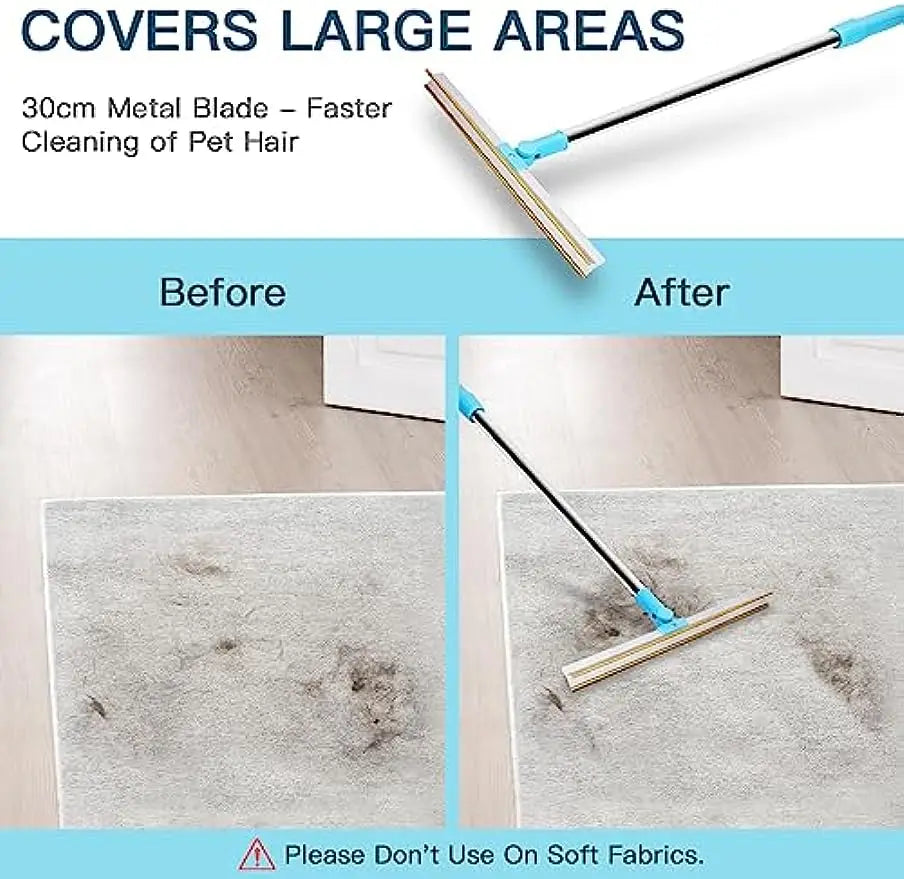 Professional Carpet Rake Pet Hair Removal Tool with Telescopic Handle and 180° Rotation for Effective Dog and Cat Hair Removal