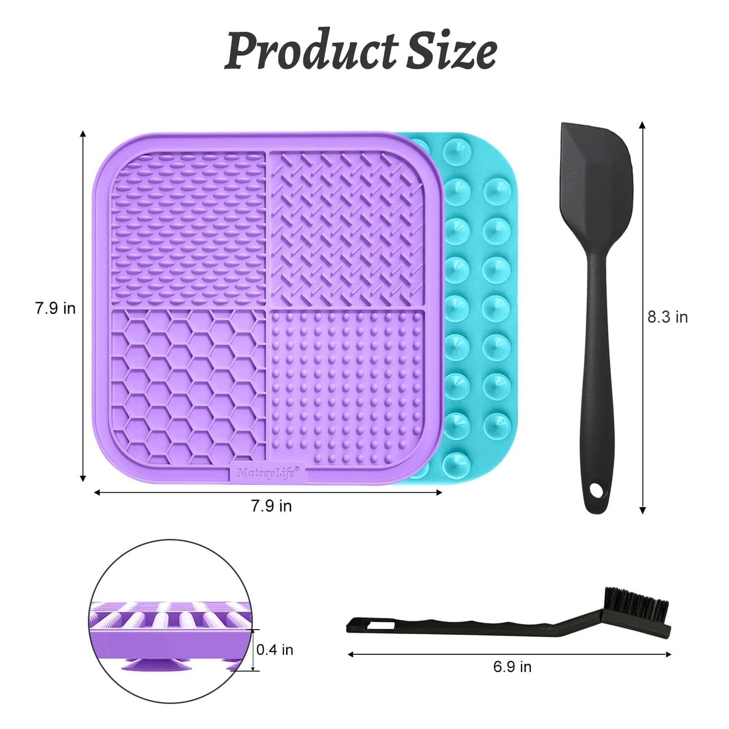 2PCS Lick Mat with Suction Cups for Dogs and Cats, 7.9'' × 7.9'' Food Grade Silicone Licking Mat with Spatula and Brush, Purple&Light Blue