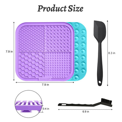 2PCS Lick Mat with Suction Cups for Dogs and Cats, 7.9'' × 7.9'' Food Grade Silicone Licking Mat with Spatula and Brush, Purple&Light Blue