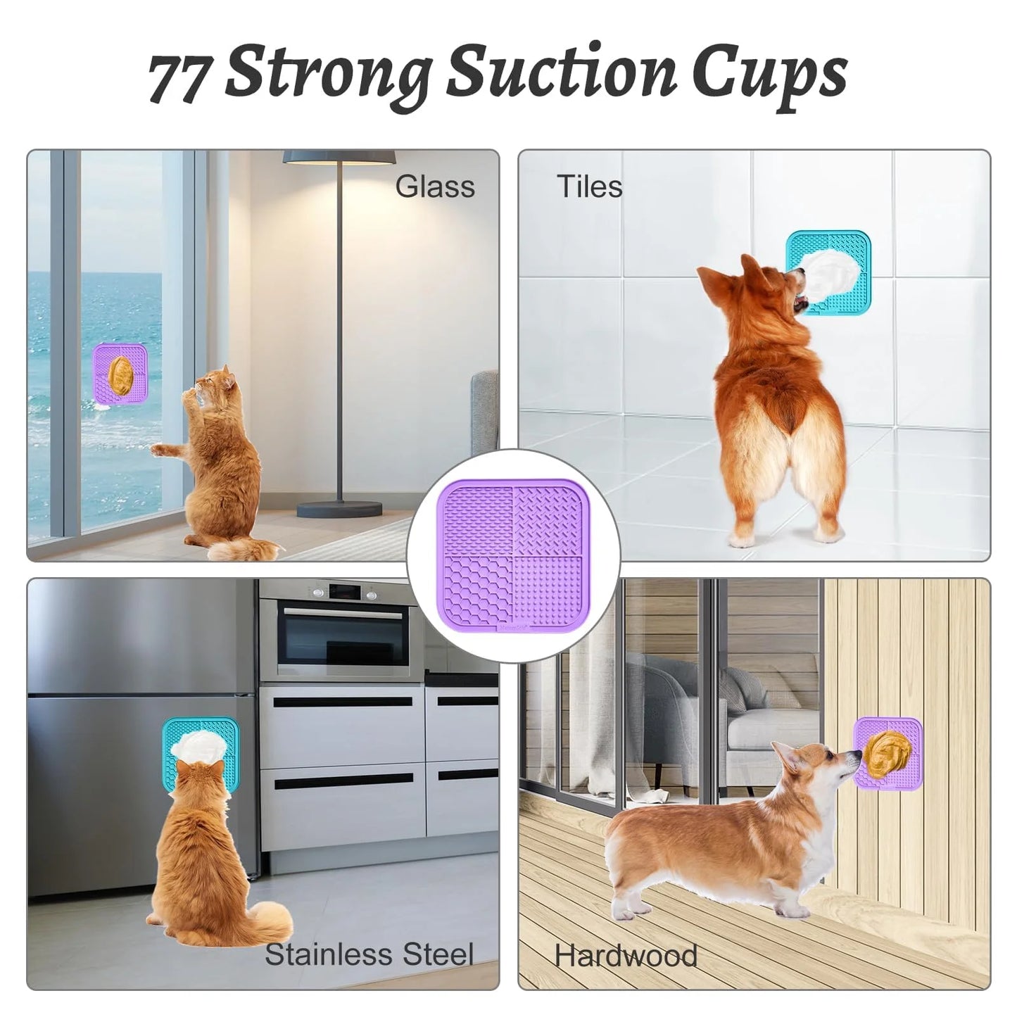 2PCS Lick Mat with Suction Cups for Dogs and Cats, 7.9'' × 7.9'' Food Grade Silicone Licking Mat with Spatula and Brush, Purple&Light Blue