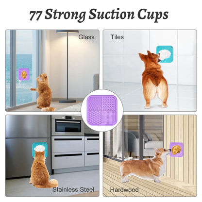 2PCS Lick Mat with Suction Cups for Dogs and Cats, 7.9'' × 7.9'' Food Grade Silicone Licking Mat with Spatula and Brush, Purple&Light Blue