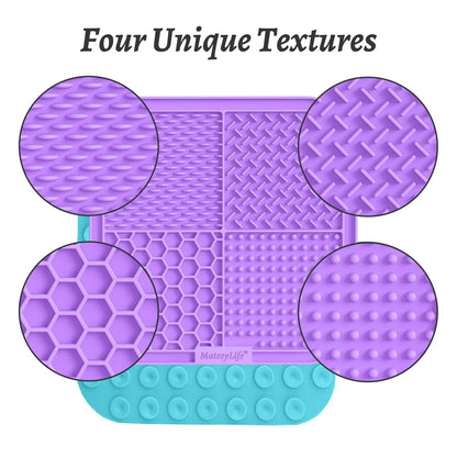 2PCS Lick Mat with Suction Cups for Dogs and Cats, 7.9'' × 7.9'' Food Grade Silicone Licking Mat with Spatula and Brush, Purple&Light Blue