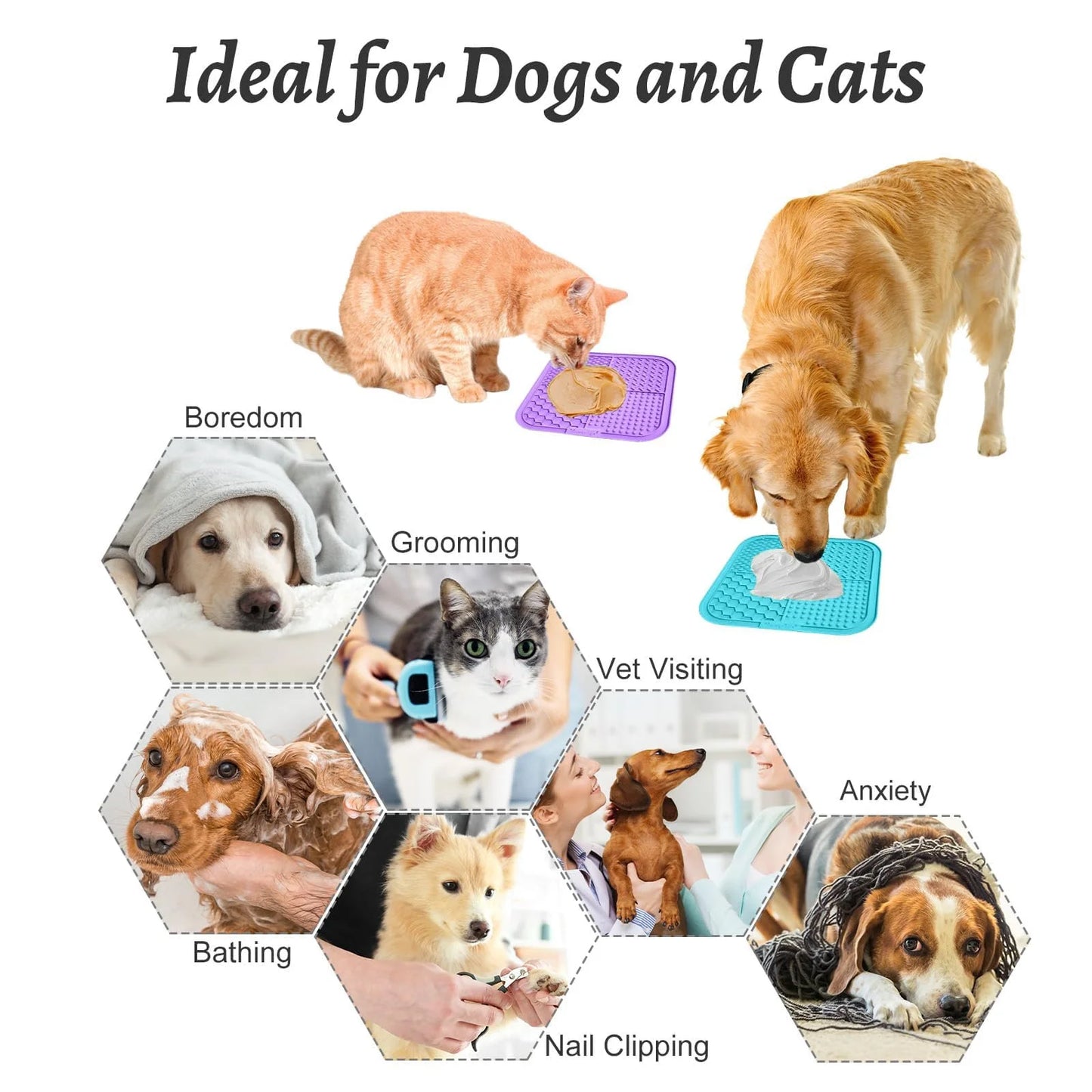 2PCS Lick Mat with Suction Cups for Dogs and Cats, 7.9'' × 7.9'' Food Grade Silicone Licking Mat with Spatula and Brush, Purple&Light Blue