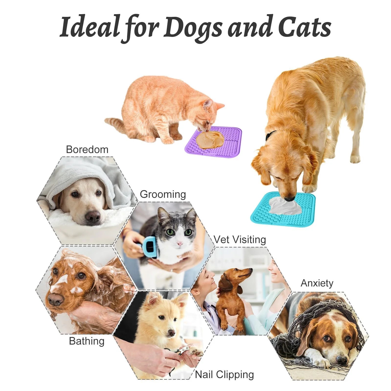 2PCS Lick Mat with Suction Cups for Dogs and Cats, 7.9'' × 7.9'' Food Grade Silicone Licking Mat with Spatula and Brush, Purple&Light Blue