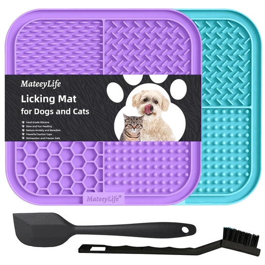 2PCS Lick Mat with Suction Cups for Dogs and Cats, 7.9'' × 7.9'' Food Grade Silicone Licking Mat with Spatula and Brush, Purple&Light Blue